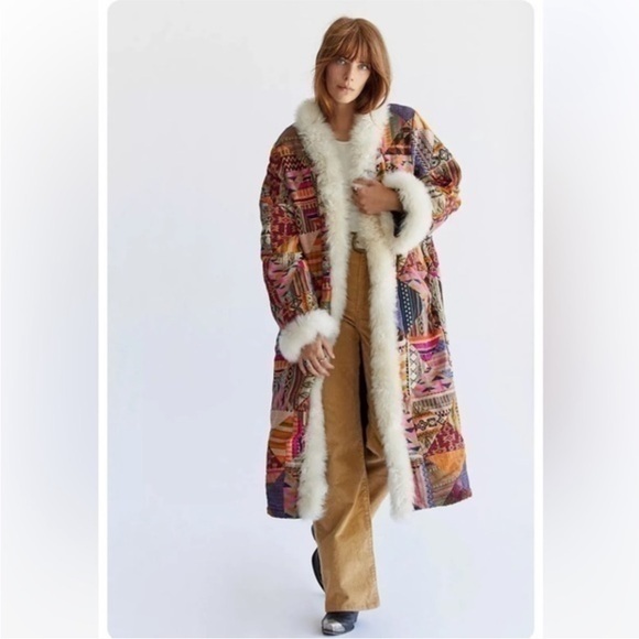 NWOT Free People Caravan Patchwork Dream fur trim Coat Sz L - Picture 2 of 10
